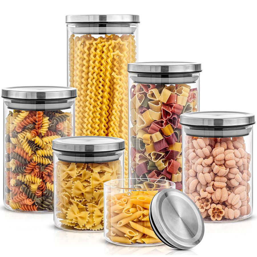 Food Storage Glass Set - Kitchen Canister Set. 6 Glass Jars