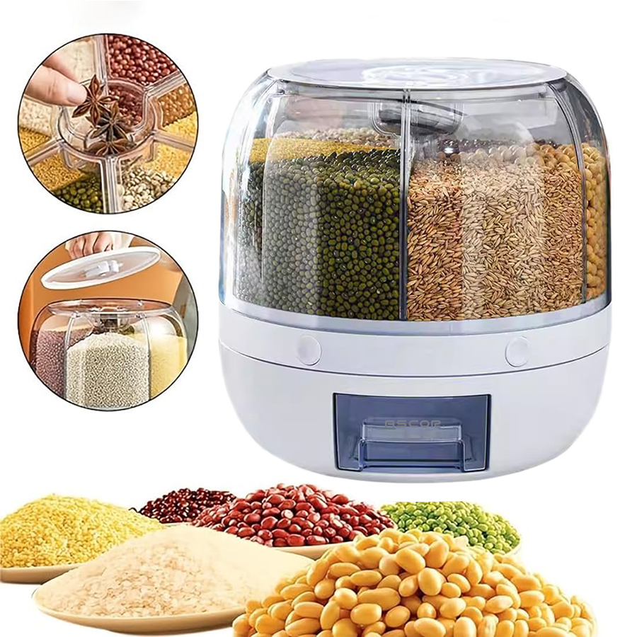 Portion Control Container - 360° Rotating 6-Grid Food Dispenser -