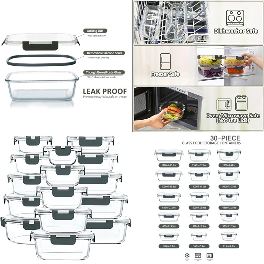 Food Storage Glass Set - 30 Pieces Glass Food Storage Containers